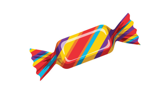 Wrapped candy piece with vibrant red, yellow, blue, and purple diagonal stripes rests against a clean white background.