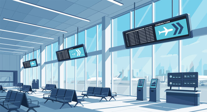 Interior view of a spacious modern airport terminal with departure board screens and empty seating areas.