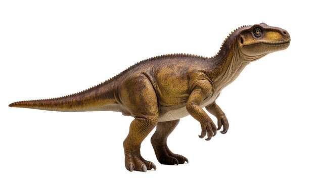 Powerful brown scaly bipedal dinosaur model with textured skin and sharp claws, isolated on transparent background