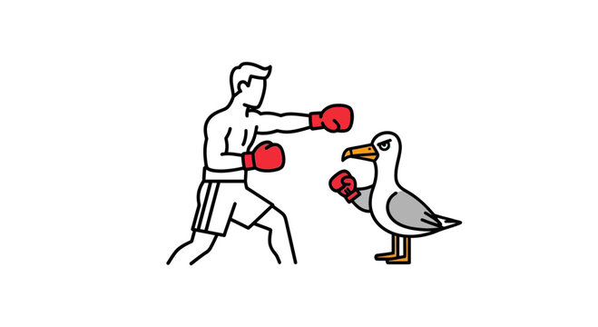 Comical line art illustration of a human boxer engaging in a funny fight with a determined seagull