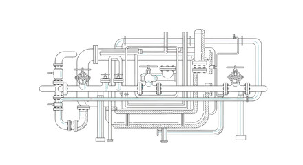 Obraz premium Detailed technical line drawing of a complex industrial pipe system with valves and connections for engineering.