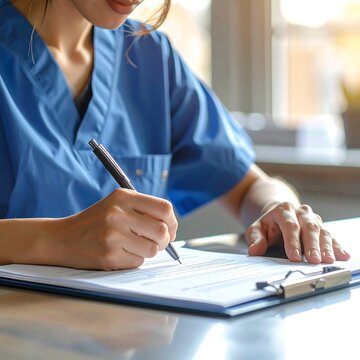 A woman in blue scrubs writing on a clipboard (1)