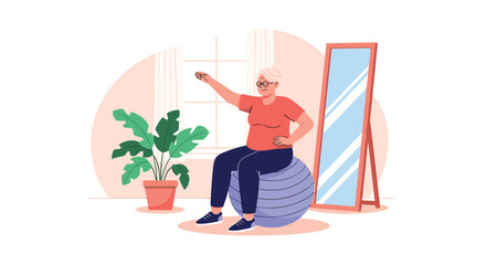 Fototapeta premium Active elderly senior woman sitting on a blue fitness ball and exercising her arm in her bright living room at home.