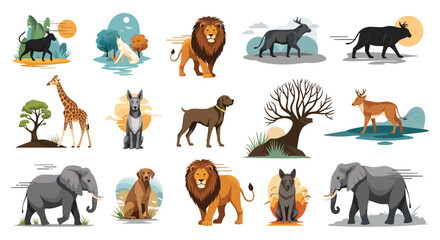 Obraz premium Large collection of various wild and domestic animals including lions, elephants, dogs, and giraffes in art style.