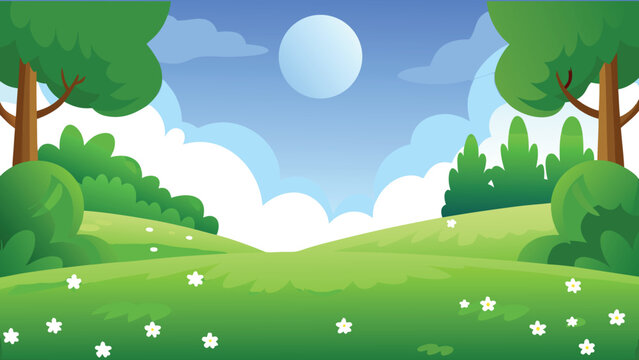 A vibrant cartoon landscape with rolling hills and a bright sky