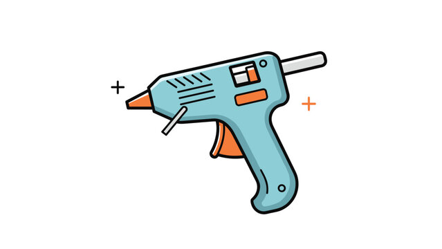 Handheld blue electric hot glue gun with orange accents and a glue stick inserted for diy craft projects and repairs.