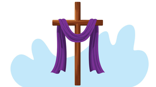 Simple wooden Christian cross with a draped purple sash symbolizes Lent or Easter against a soft blue cloud-like background.