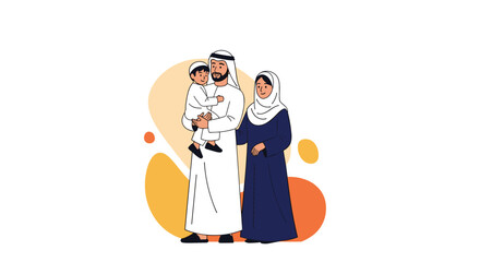 Fototapeta premium Loving Muslim family with a father holding his young son and the mother standing beside them wearing a traditional blue hijab.