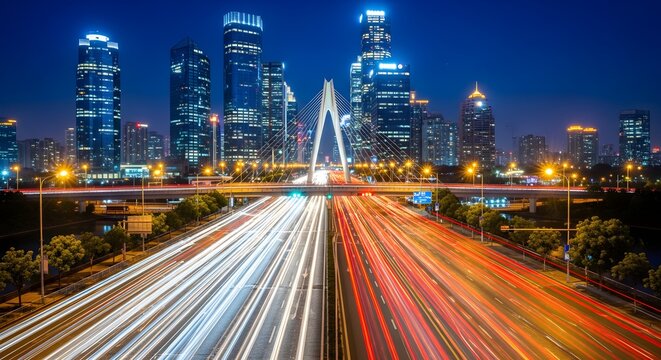 Opposing torrents of white and crimson headlights race beneath a striking cable‑stayed bridge, slicing straight toward a cluster of gleaming towers that rise dramatically into the clear blue night abo