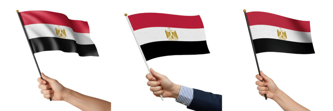 Hand holding Egypt flag and waving national flag of Egypt isolated on white background, patriotic symbol of Egyptian national pride and identity