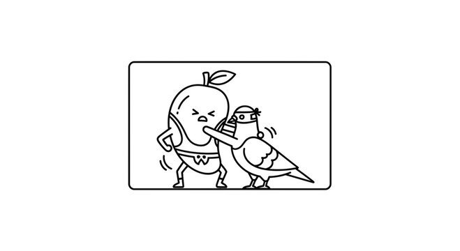 Playful cartoon scene of an anthropomorphic mango in a sumo outfit wrestling a ninja pigeon