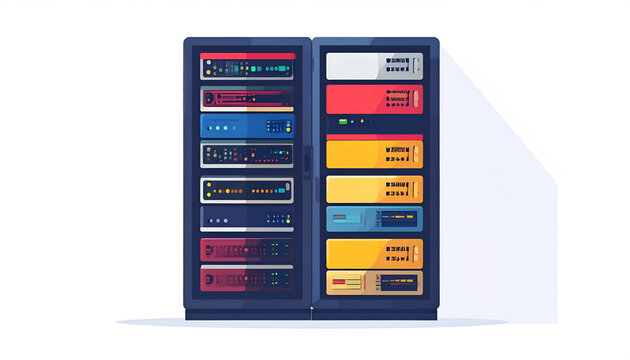 Server racks filled with computer equipment in flat vector style illustration