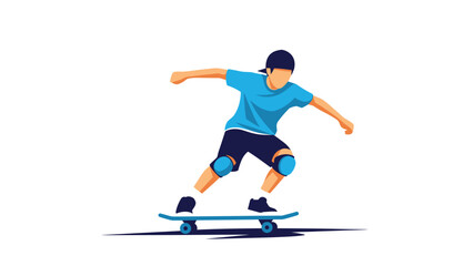 Obraz premium Young skateboarder performs a dynamic trick on a white background using a blue skateboard and wearing protective gear for sports safety.