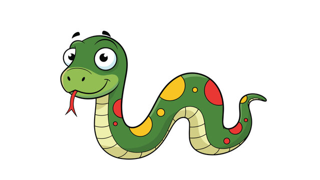 Friendly cartoon green snake features bright yellow and red spots with a playful expression and a red tongue on a white background.