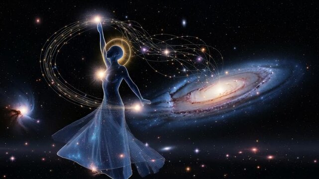 Mystical female figure releasing cosmic energy in galaxy with spiral stars and light particles