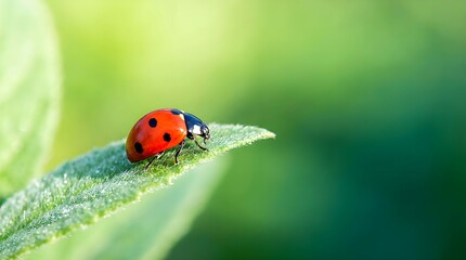 Obraz premium Vibrant Ladybug Perched on a Green Leaf with Dew Drops in a Macro Shot