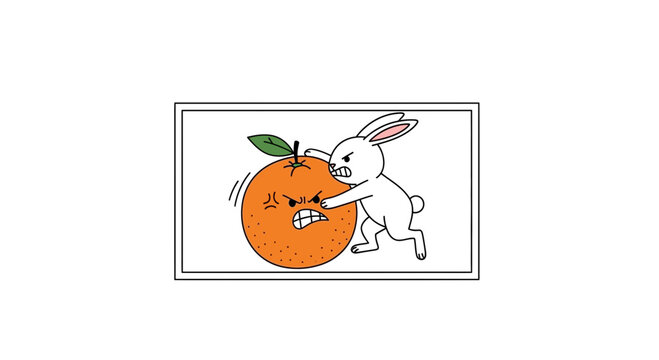 A humorous cartoon depicting an angry white rabbit pushing an equally furious orange illustration