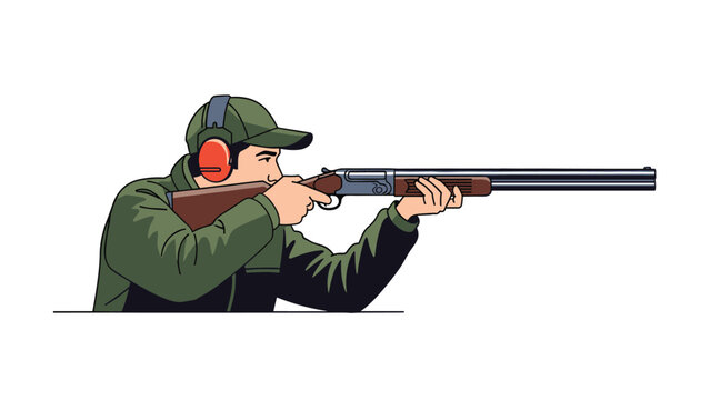 Shooter aims a shotgun while wearing a green hunting jacket and protective ear muffs for clay target shooting and sports activity.