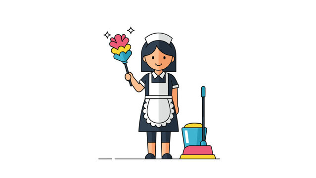 Cheerful professional housemaid character holding a feather duster while standing next to her cleaning supplies.