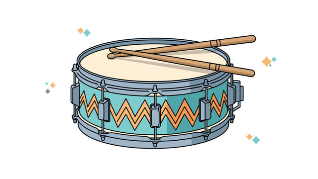 Professional musical snare drum instrument with wooden drumsticks resting on top for a rhythmic performance stage.
