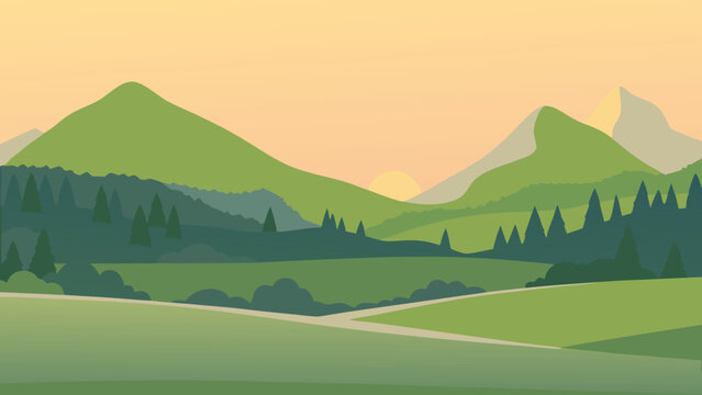 Stylized landscape illustration featuring green mountains and a path