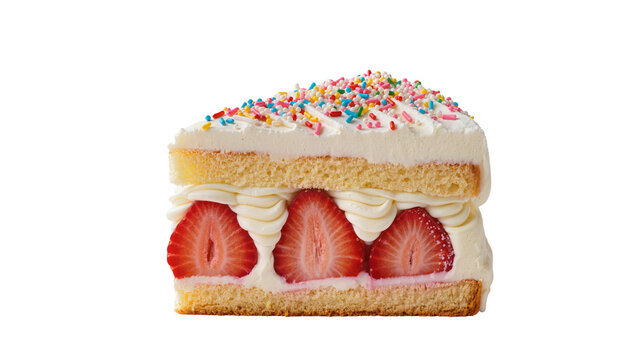 Layered cake slice with strawberries white cream and sprinkles, isolated on transparent background