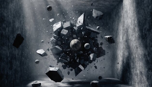 explosion in a dark room with debris flying everywhere