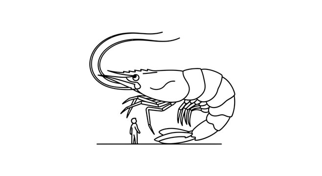 A whimsical line art illustration depicting an extraordinarily gigantic shrimp towering over a