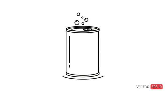 Minimalist outline illustration of a refreshing carbonated beverage can with effervescent bubbles
