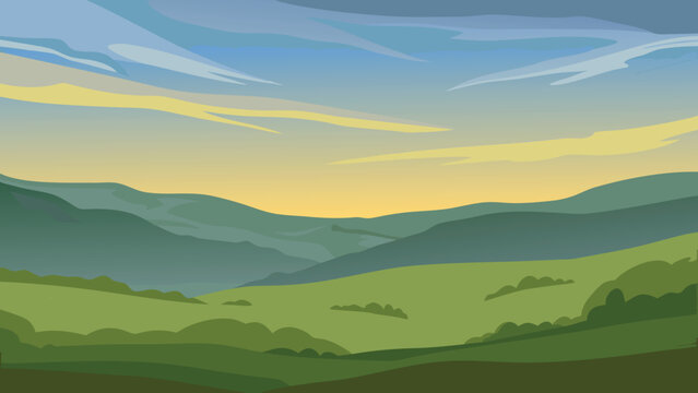 Stylized landscape with rolling hills and a colorful sunset sky
