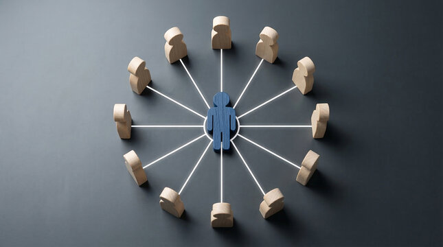 Blue figure managing interconnected wooden team perfect for centralized corporate leadership and complex organizational communication network