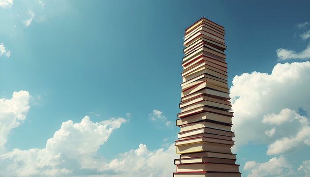 A towering stack of books reaches for the sky on a bright sunny day with fluffy white clouds