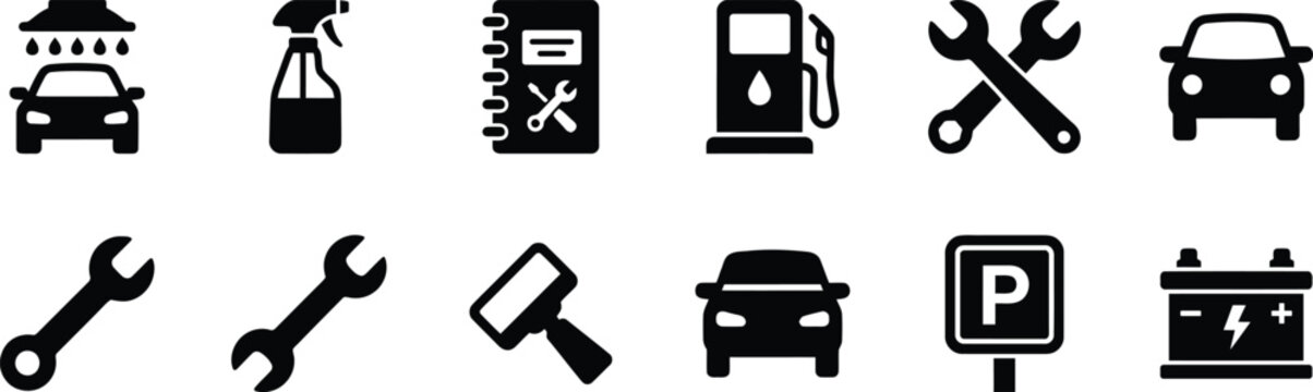 Black and white car service and repair icons set