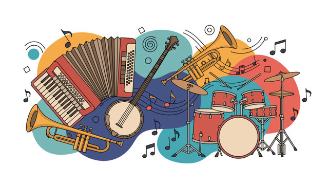 Vibrant collage of various musical instruments including a drum set, accordion, banjo, and trumpet surrounded by floating musical notes and shapes.