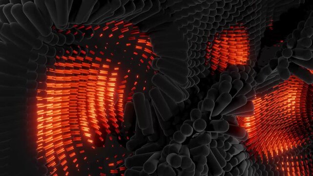 Abstract motion design of glowing orange cubes forming fluid wave patterns in dark space.