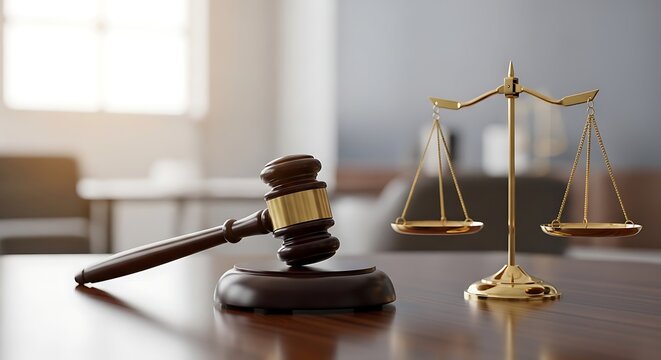 Justice and law concept with gavel and scales on wooden desk