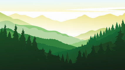 Fototapeta premium Stylized mountain landscape with layered forests and a pale sky