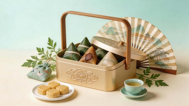 Traditional Asian food set with zongzi and mooncakes