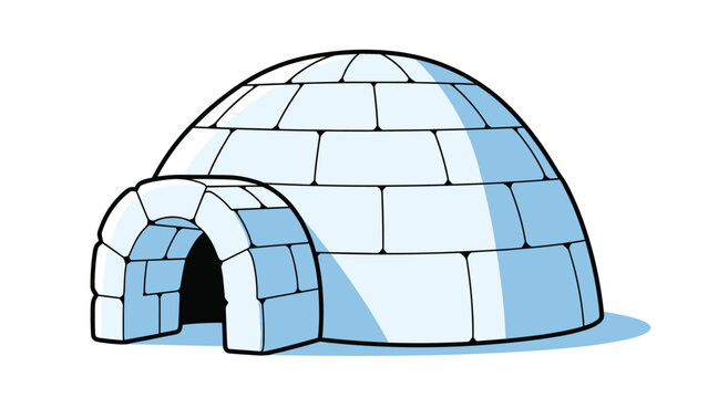 Traditional snow igloo made of ice blocks with an arched entrance on a light blue ground under a bright white sky illustration for winter concepts.