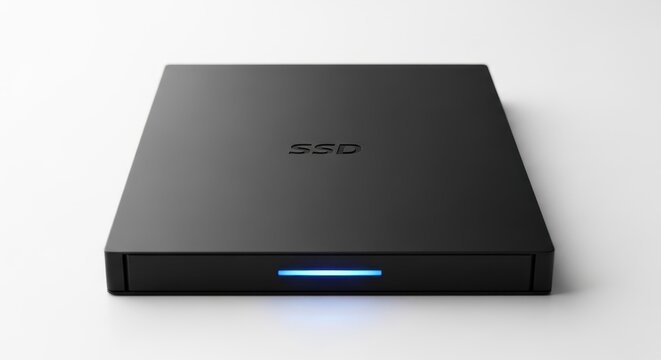 Black external hard drive with blue light on white background