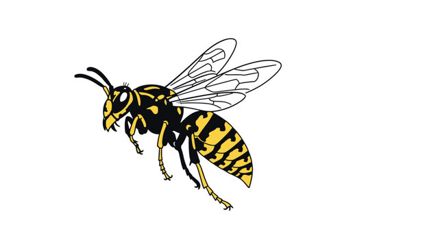 Detailed vector illustration of a yellow and black wasp in flight with its transparent wings spread wide on a white background for nature education.