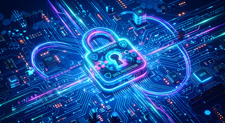 Fototapeta premium Cyber security concept with glowing digital padlock on a complex blue circuit board, representing data encryption and protection.