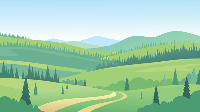 Scenic landscape featuring rolling green hills and a winding path