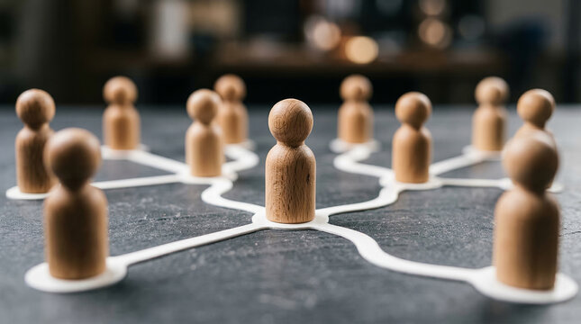 Connected wooden figures demonstrating organizational structure perfect for business team management hierarchy and establishing corporate network leadership