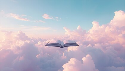 Fototapeta premium An open book floats serenely above fluffy white clouds in a bright blue sky with soft pink hues.