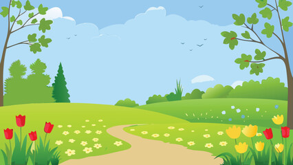 Fototapeta premium A peaceful spring landscape with flowers path and blue sky