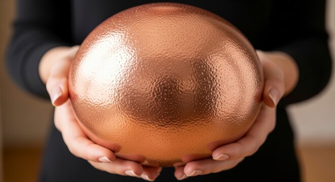 Copper bowl in womans hands indoors.