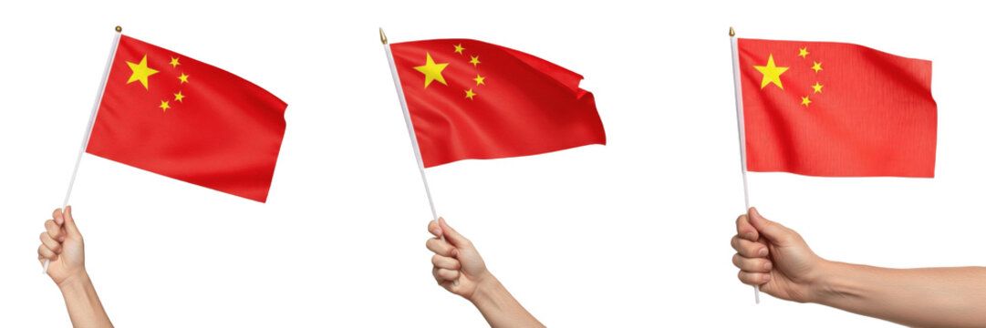 Hand holding China flag and waving national flag of People's Republic of China isolated on white background, patriotic symbol of Chinese national pride