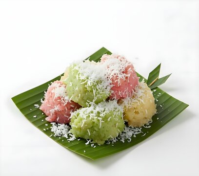 Colorful getuk lindri, a traditional Indonesian cassava dessert with grated coconut, served on banana leaf and isolated on white background.