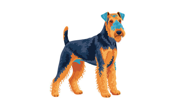 Profile illustration of an airedale terrier dog with its characteristic wire hair, tan and black coat, and alert expression in a standing pose.